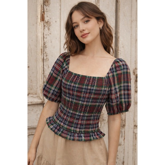 American Eagle Outfitters Tops - American Eagle Smocked Plaid Crop Top Short Puff Sleeve Square Neck M Y2K Retro